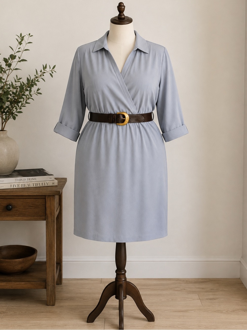 NWT Donna Karan Plus Size 24W Dusty Blue Belted Dress Quiet Luxury Corporate